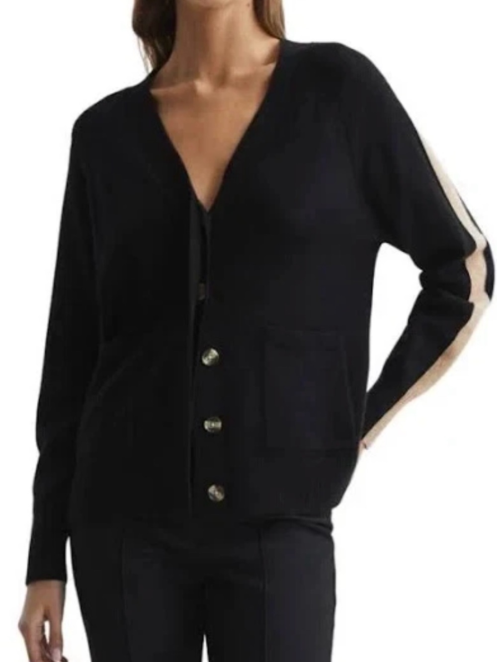 REISS Amber Black Camel Stripe Cashmere Cardigan XS - Picture 7 of 15